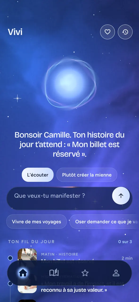L’accueil de vivii : vivii parle, le champ « Que veux-tu manifester&nbsp;? » et le fil du jour